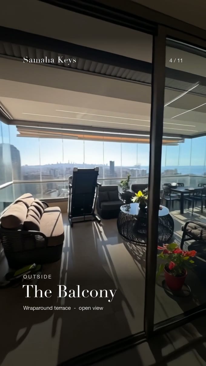 The balcony of the Zalka property, looking out over the city and the sea